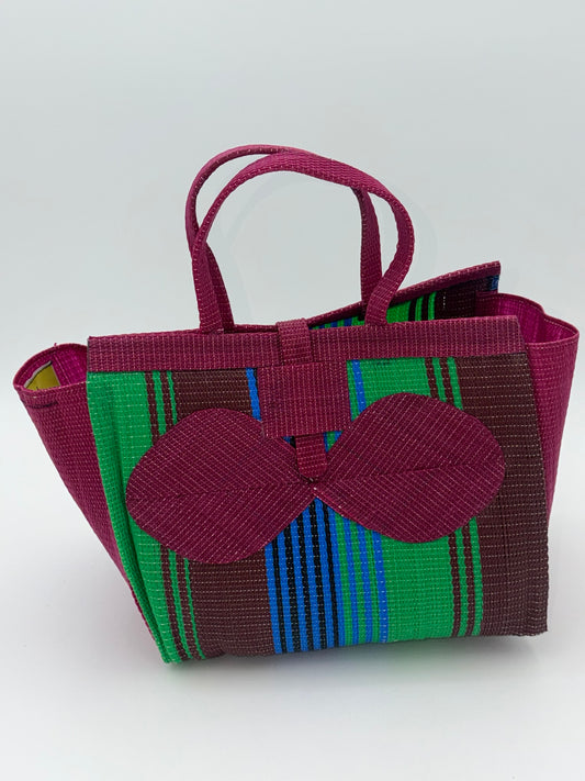 Emerald Medium  handwoven tote bag by SCRUBIES in Wine,Green,Brown,Blue with Stripes design and Bow accent pattern
