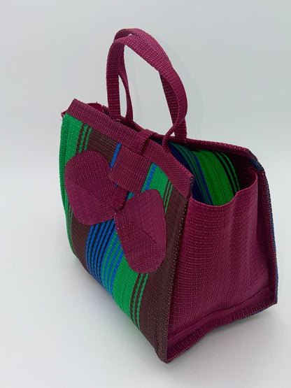 Emerald Medium  handwoven tote bag by SCRUBIES in Wine,Green,Brown,Blue with Stripes design and Bow accent pattern