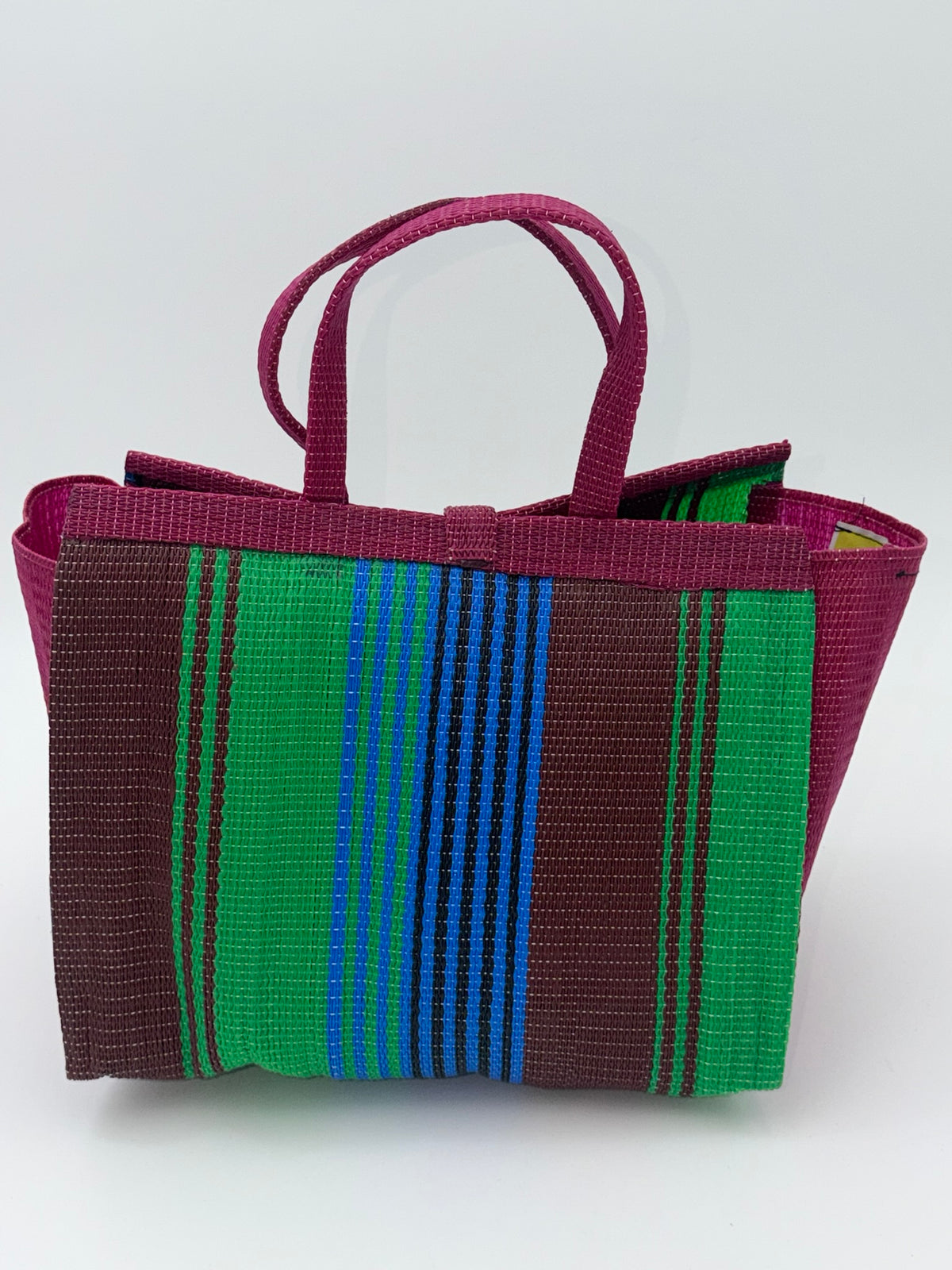 Emerald Medium  handwoven tote bag by SCRUBIES in Wine,Green,Brown,Blue with Stripes design and Bow accent pattern