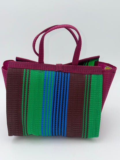 Emerald Medium  handwoven tote bag by SCRUBIES in Wine,Green,Brown,Blue with Stripes design and Bow accent pattern