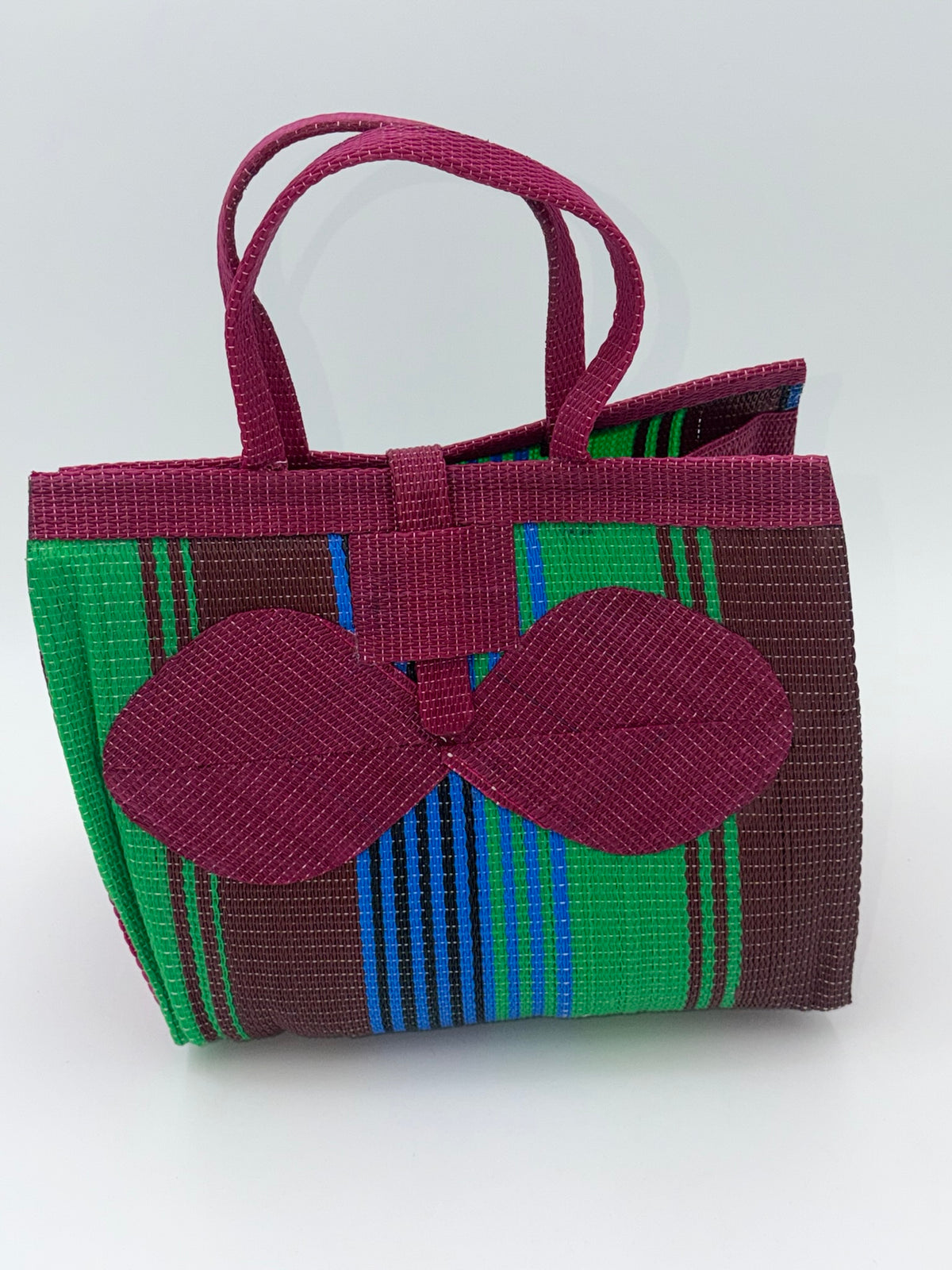 Emerald Medium  handwoven tote bag by SCRUBIES in Wine,Green,Brown,Blue with Stripes design and Bow accent pattern