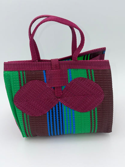 Emerald Medium  handwoven tote bag by SCRUBIES in Wine,Green,Brown,Blue with Stripes design and Bow accent pattern