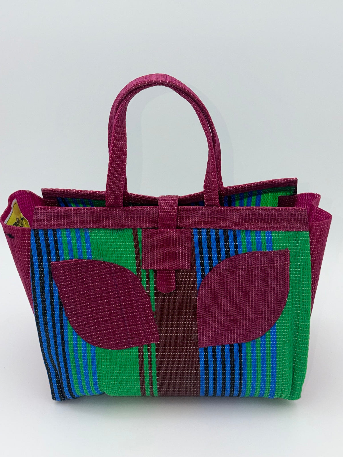 Emerald Medium  handwoven tote bag by SCRUBIES in Wine,Green,Brown,Blue with Stripes design and Leaf accent pattern