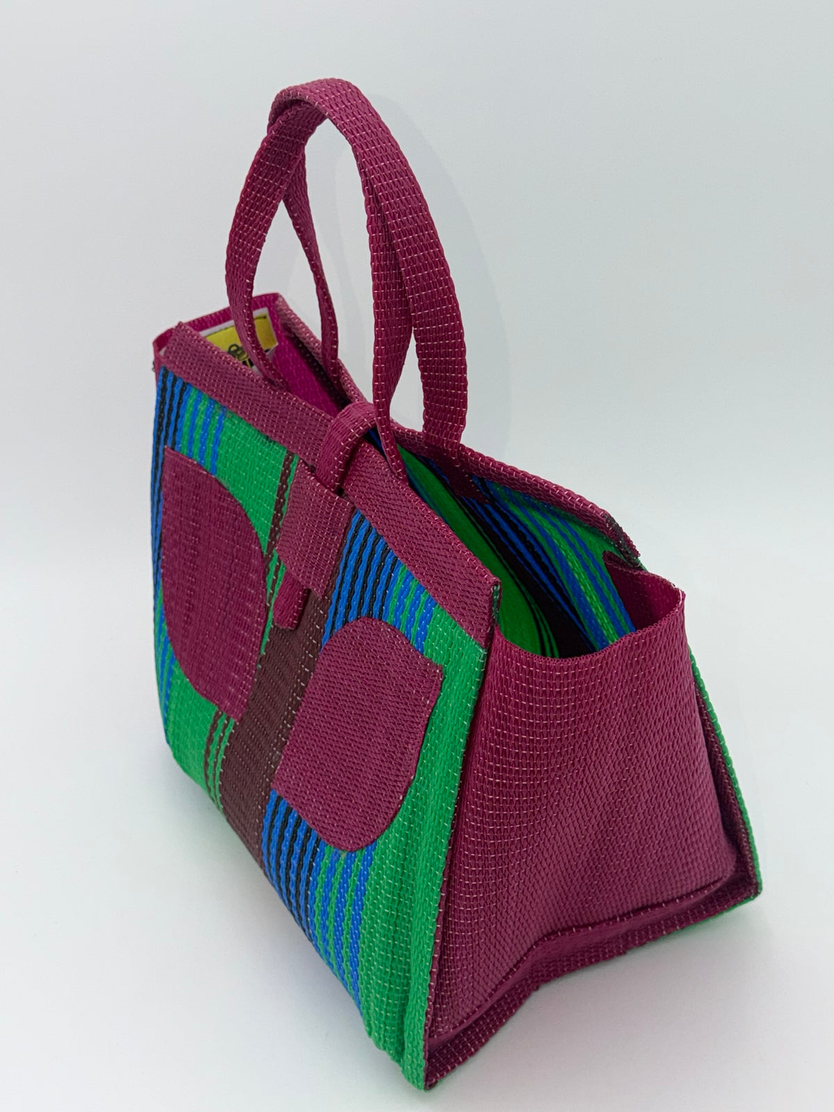 Emerald Medium  handwoven tote bag by SCRUBIES in Wine,Green,Brown,Blue with Stripes design and Leaf accent pattern