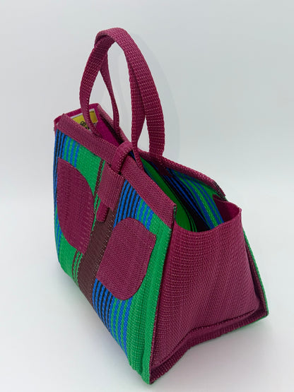 Emerald Medium  handwoven tote bag by SCRUBIES in Wine,Green,Brown,Blue with Stripes design and Leaf accent pattern