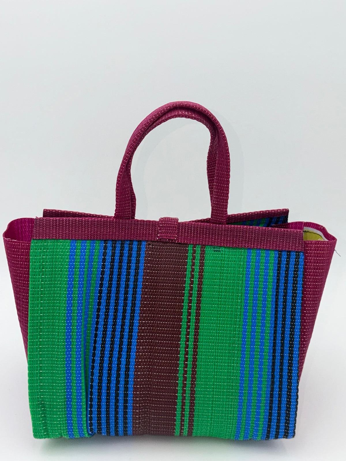 Emerald Medium  handwoven tote bag by SCRUBIES in Wine,Green,Brown,Blue with Stripes design and Leaf accent pattern