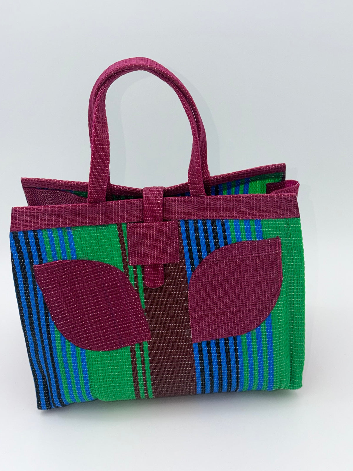 Emerald Medium  handwoven tote bag by SCRUBIES in Wine,Green,Brown,Blue with Stripes design and Leaf accent pattern