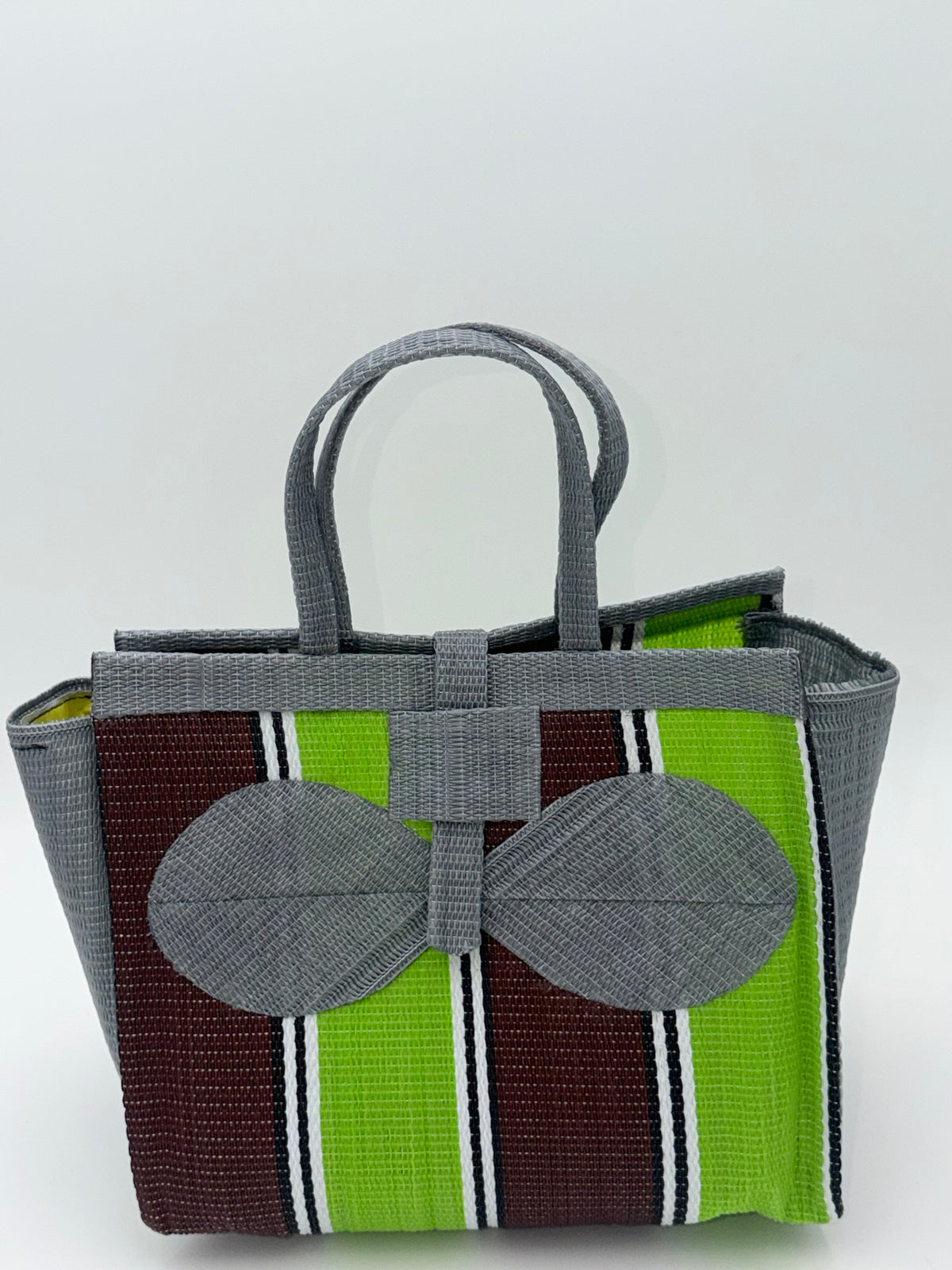 Emerald Medium  handwoven tote bag by SCRUBIES in Gray,Green,Brown,White with Stripes design and Bow accent pattern