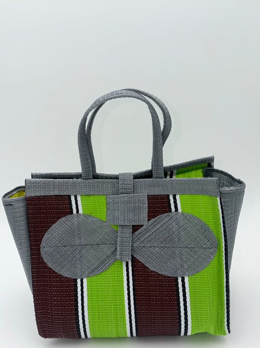 Emerald Medium  handwoven tote bag by SCRUBIES in Gray,Green,Brown,White with Stripes design and Bow accent pattern