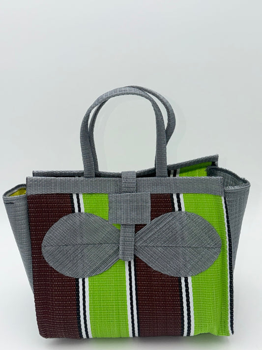 Emerald Medium  handwoven tote bag by SCRUBIES in Gray,Green,Brown,White with Stripes design and Bow accent pattern