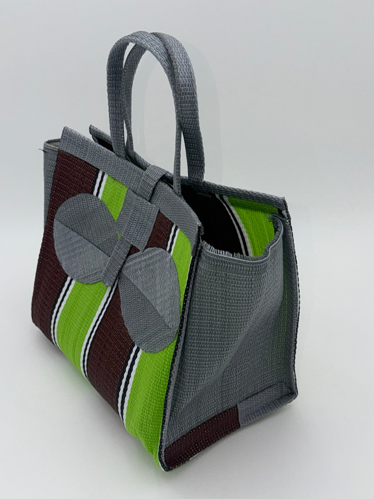 Emerald Medium  handwoven tote bag by SCRUBIES in Gray,Green,Brown,White with Stripes design and Bow accent pattern