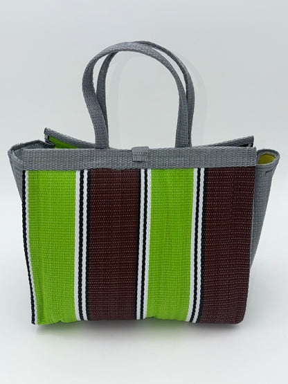Emerald Medium  handwoven tote bag by SCRUBIES in Gray,Green,Brown,White with Stripes design and Bow accent pattern