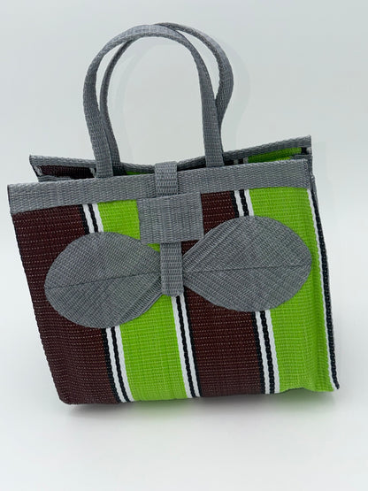 Emerald Medium  handwoven tote bag by SCRUBIES in Gray,Green,Brown,White with Stripes design and Bow accent pattern
