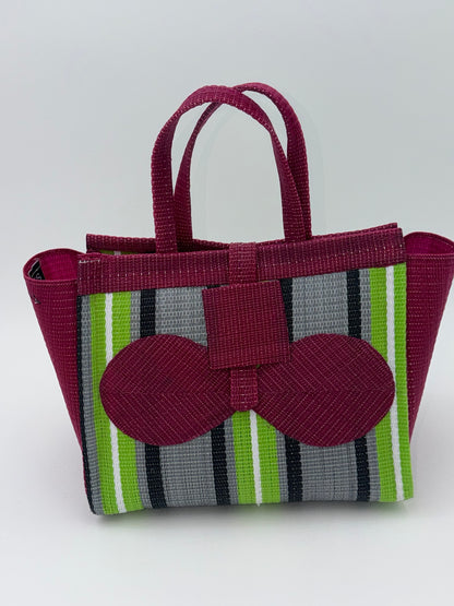 Emerald Medium  handwoven tote bag by SCRUBIES in Wine,Gray,Green,White with Stripes design and Bow accent pattern