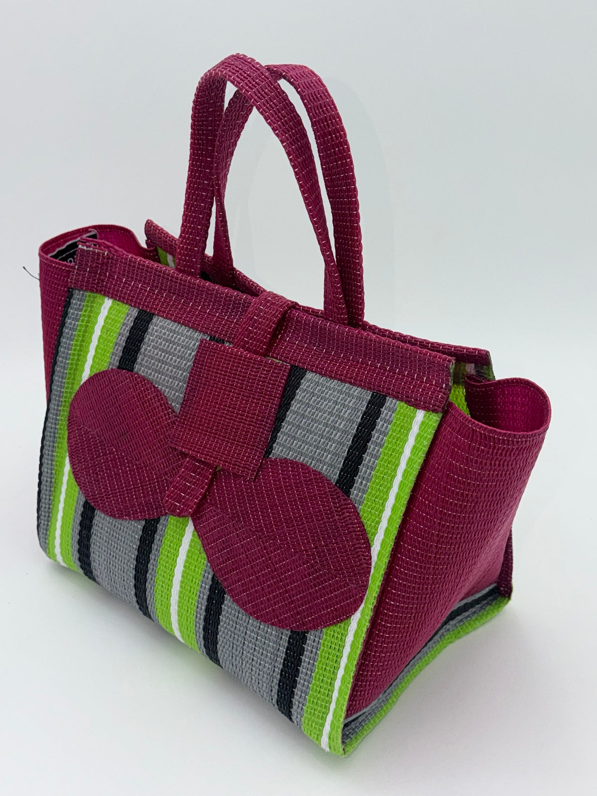Emerald Medium  handwoven tote bag by SCRUBIES in Wine,Gray,Green,White with Stripes design and Bow accent pattern