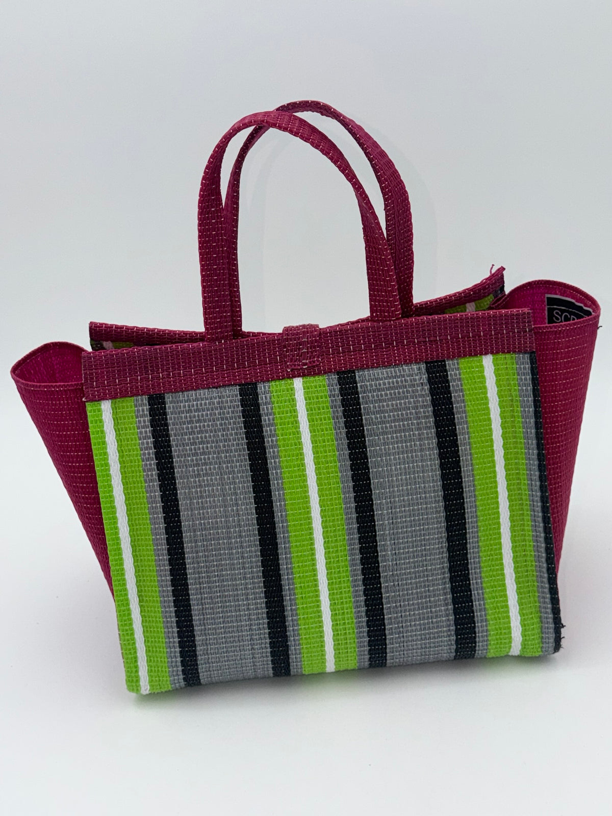 Emerald Medium  handwoven tote bag by SCRUBIES in Wine,Gray,Green,White with Stripes design and Bow accent pattern