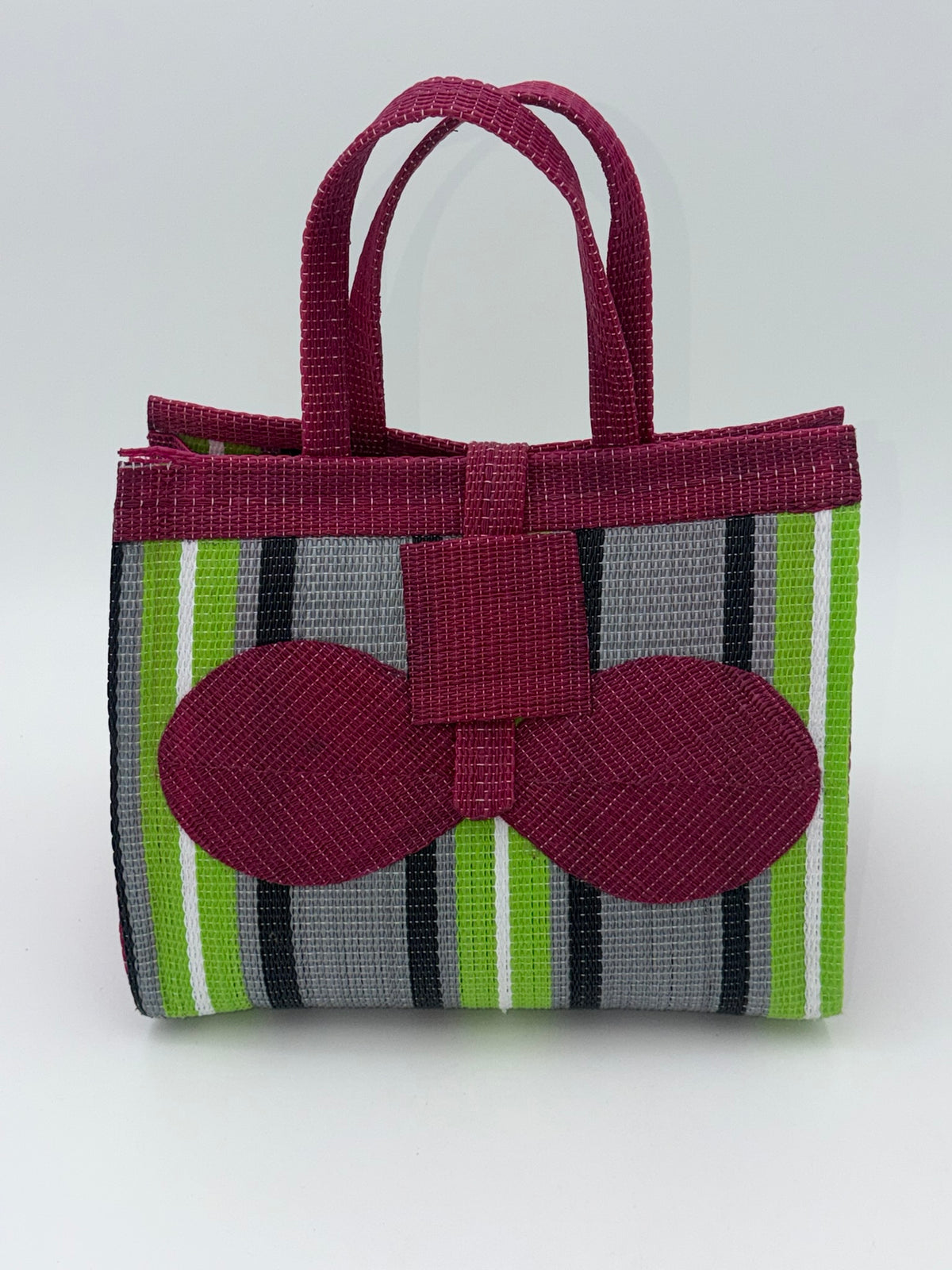 Emerald Medium  handwoven tote bag by SCRUBIES in Wine,Gray,Green,White with Stripes design and Bow accent pattern
