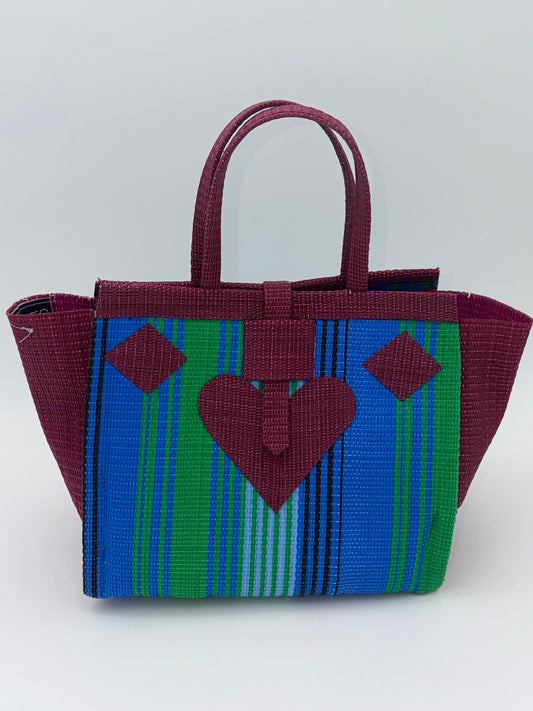 Emerald Medium  handwoven tote bag by SCRUBIES in Wine,Blue,Green, with Stripes design and Love accent pattern