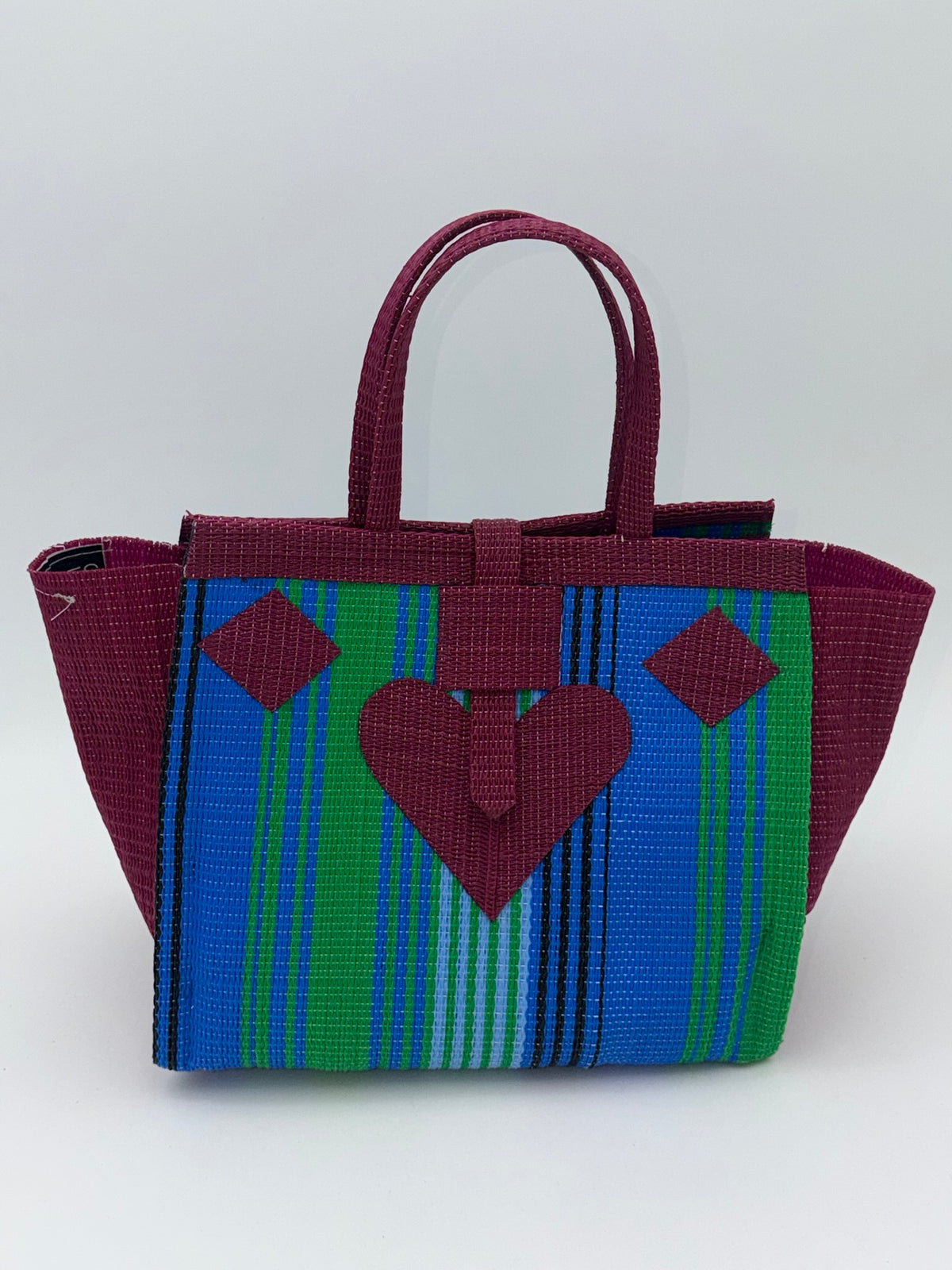 Emerald Medium  handwoven tote bag by SCRUBIES in Wine,Blue,Green, with Stripes design and Love accent pattern