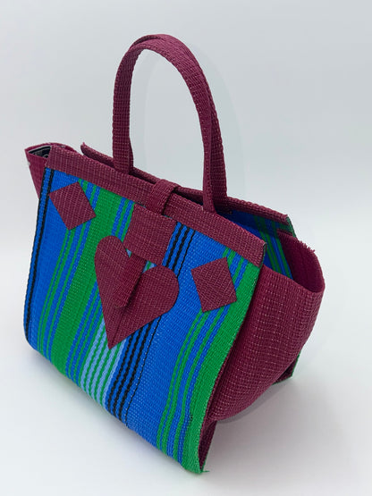 Emerald Medium  handwoven tote bag by SCRUBIES in Wine,Blue,Green, with Stripes design and Love accent pattern