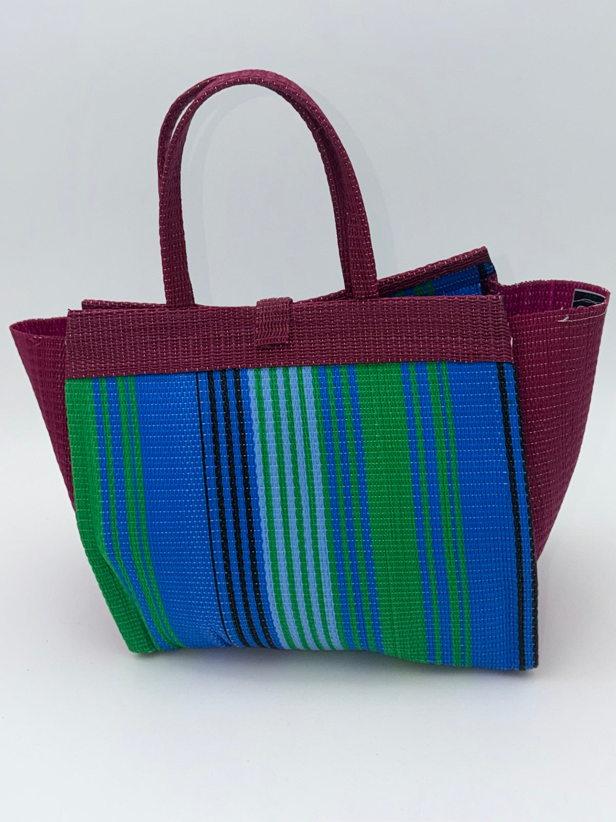 Emerald Medium  handwoven tote bag by SCRUBIES in Wine,Blue,Green, with Stripes design and Love accent pattern