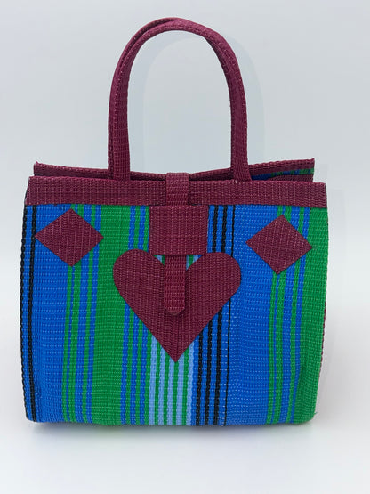 Emerald Medium  handwoven tote bag by SCRUBIES in Wine,Blue,Green, with Stripes design and Love accent pattern