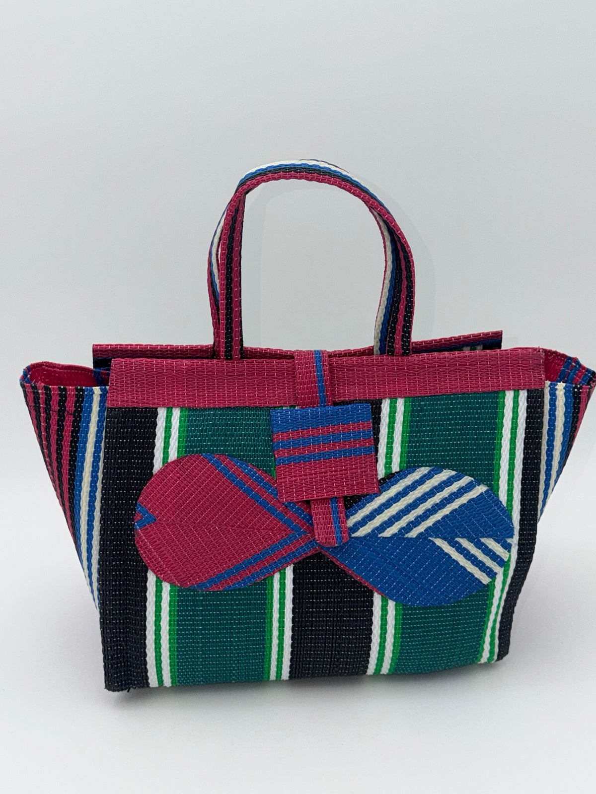 Emerald Medium  handwoven tote bag by SCRUBIES in Pink,Green,Black,White,Blue, with Stripes design and Bow accent pattern