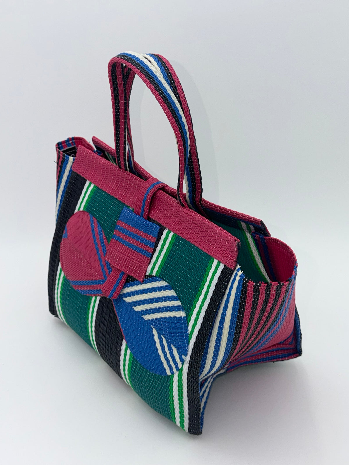 Emerald Medium  handwoven tote bag by SCRUBIES in Pink,Green,Black,White,Blue, with Stripes design and Bow accent pattern