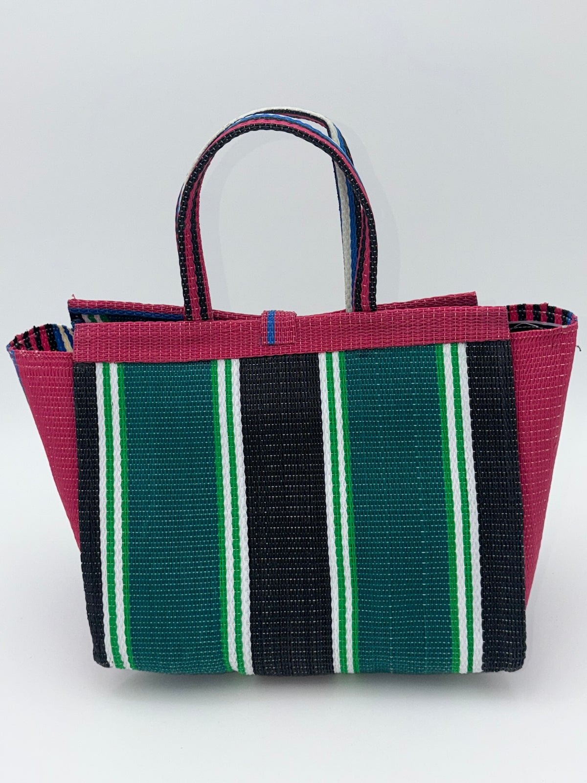 Emerald Medium  handwoven tote bag by SCRUBIES in Pink,Green,Black,White,Blue, with Stripes design and Bow accent pattern