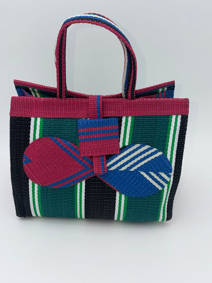 Emerald Medium  handwoven tote bag by SCRUBIES in Pink,Green,Black,White,Blue, with Stripes design and Bow accent pattern