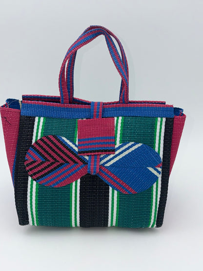 Emerald Medium  handwoven tote bag by SCRUBIES in Pink,Green,Black,White,Blue, with Stripes design and Bow accent pattern