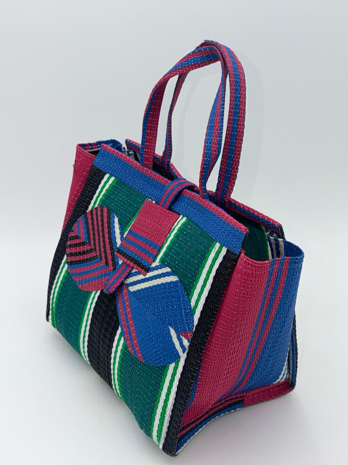 Emerald Medium  handwoven tote bag by SCRUBIES in Pink,Green,Black,White,Blue, with Stripes design and Bow accent pattern