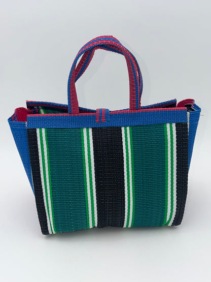 Emerald Medium  handwoven tote bag by SCRUBIES in Pink,Green,Black,White,Blue, with Stripes design and Bow accent pattern