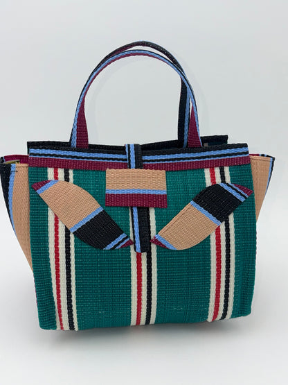 Emerald Medium  handwoven tote bag by SCRUBIES in Green,Beige,Wine,Black,White with Stripes design and Leaf accent pattern