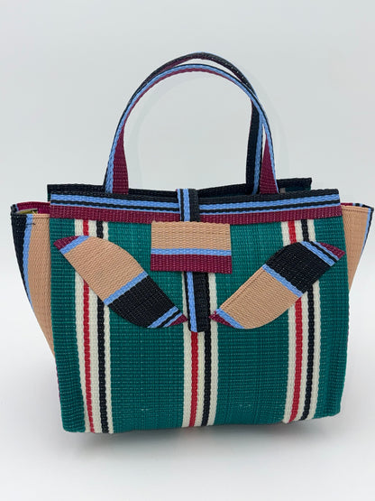 Emerald Medium  handwoven tote bag by SCRUBIES in Green,Beige,Wine,Black,White with Stripes design and Leaf accent pattern