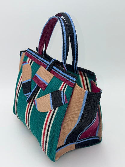 Emerald Medium  handwoven tote bag by SCRUBIES in Green,Beige,Wine,Black,White with Stripes design and Leaf accent pattern
