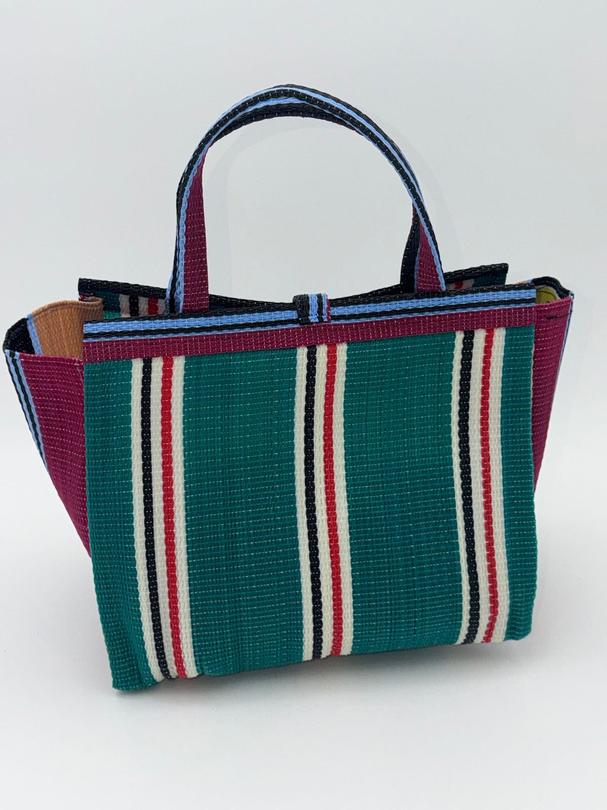Emerald Medium  handwoven tote bag by SCRUBIES in Green,Beige,Wine,Black,White with Stripes design and Leaf accent pattern