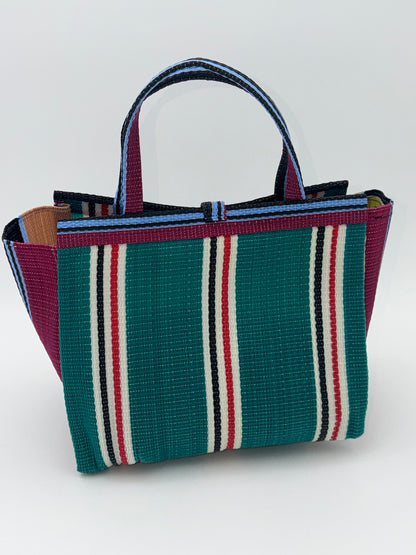 Emerald Medium  handwoven tote bag by SCRUBIES in Green,Beige,Wine,Black,White with Stripes design and Leaf accent pattern