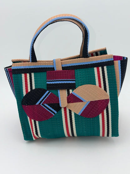 Emerald Medium  handwoven tote bag by SCRUBIES in Green,Beige,Wine,Black,White with Stripes design and Bow accent pattern