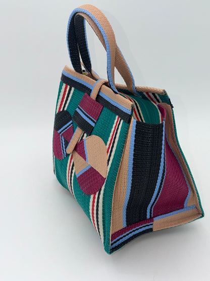 Emerald Medium  handwoven tote bag by SCRUBIES in Green,Beige,Wine,Black,White with Stripes design and Bow accent pattern