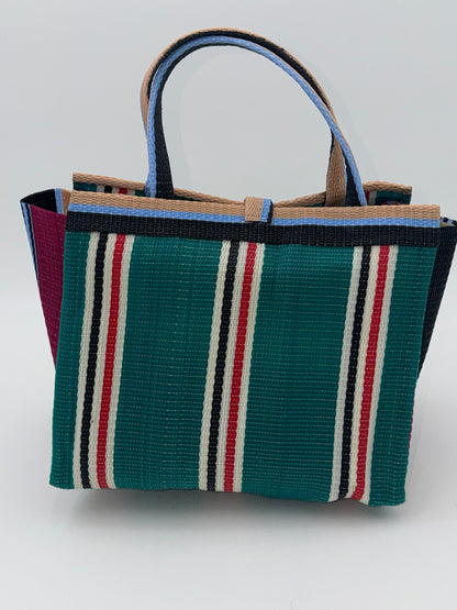 Emerald Medium  handwoven tote bag by SCRUBIES in Green,Beige,Wine,Black,White with Stripes design and Bow accent pattern