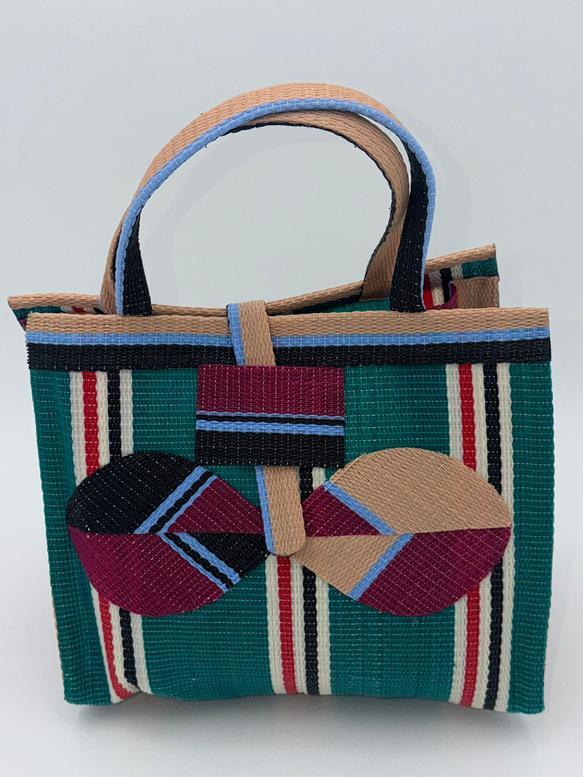 Emerald Medium  handwoven tote bag by SCRUBIES in Green,Beige,Wine,Black,White with Stripes design and Bow accent pattern