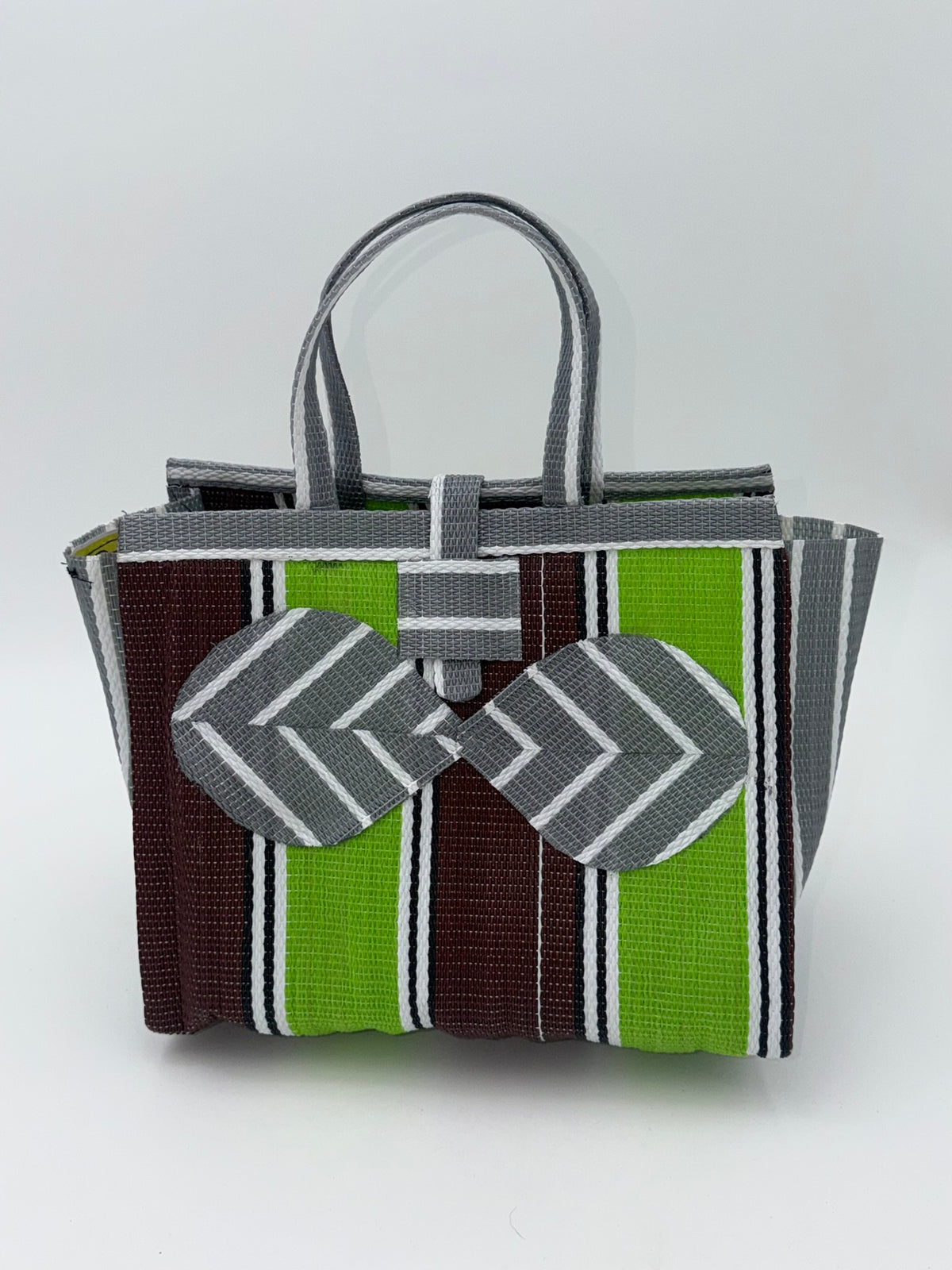 Emerald Medium  handwoven tote bag by SCRUBIES in Green,Brown,Gray,White with Stripes design and Bow accent pattern