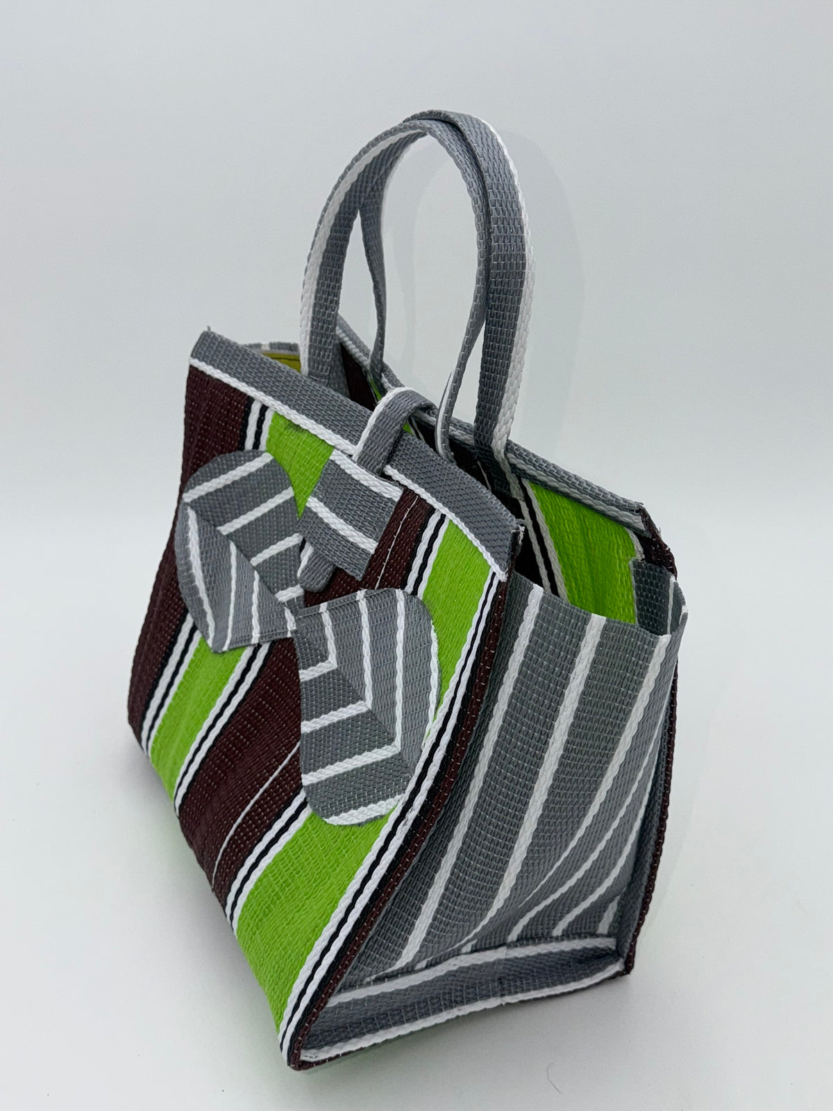 Emerald Medium  handwoven tote bag by SCRUBIES in Green,Brown,Gray,White with Stripes design and Bow accent pattern