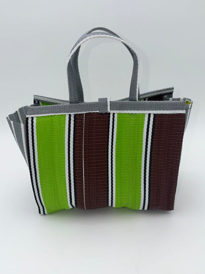 Emerald Medium  handwoven tote bag by SCRUBIES in Green,Brown,Gray,White with Stripes design and Bow accent pattern