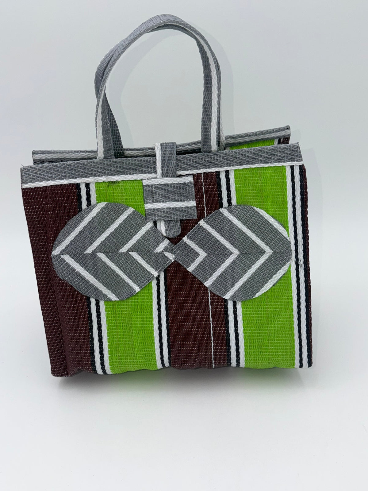 Emerald Medium  handwoven tote bag by SCRUBIES in Green,Brown,Gray,White with Stripes design and Bow accent pattern