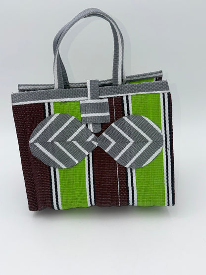 Emerald Medium  handwoven tote bag by SCRUBIES in Green,Brown,Gray,White with Stripes design and Bow accent pattern