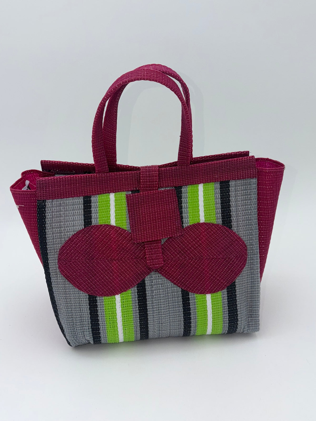 Emerald Medium  handwoven tote bag by SCRUBIES in Wine,Gray,Green,Black,White with Stripes design and Bow accent pattern