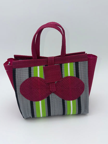 Emerald Medium  handwoven tote bag by SCRUBIES in Wine,Gray,Green,Black,White with Stripes design and Bow accent pattern