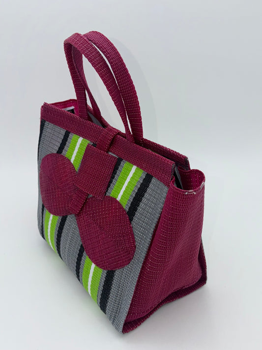 Emerald Medium  handwoven tote bag by SCRUBIES in Wine,Gray,Green,Black,White with Stripes design and Bow accent pattern
